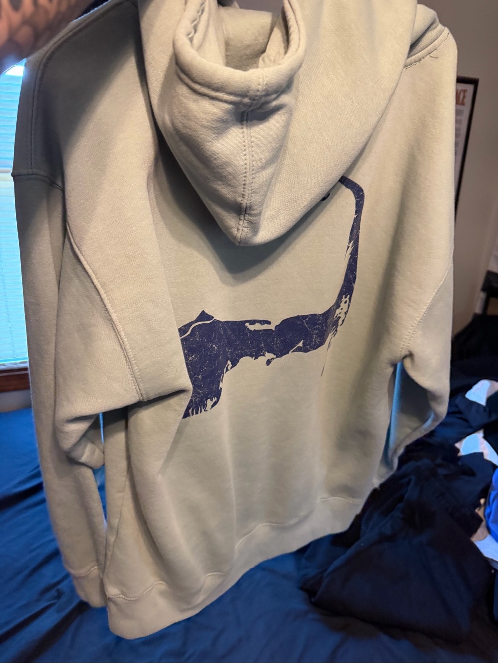 Men's Hooded Pullover Sweatshirt in Sage with Navy Graphic
